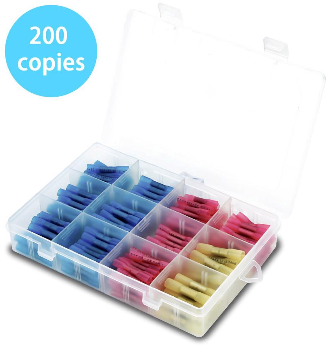 Intirilife doos van 200 krimpverbinders in 3 MATEN - krimpkous set van 200 stuks met koperen slang (0,5 - 0,6 mm dun)