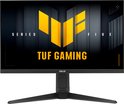 Een zwarte ASUS TUF Gaming monitor met het TUF Gaming logo op het scherm, op een zwarte achtergrond.