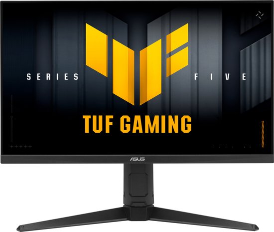 Een zwarte ASUS TUF Gaming monitor met het TUF Gaming logo op het scherm, op een zwarte achtergrond.