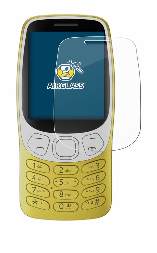 Een gele Nokia 3210 mobiele telefoon met een transparante screenprotector erop.