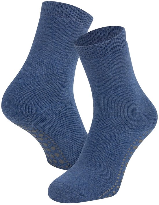 Donkerblauwe melange kindersokken met anti-slip noppen onder de voet.