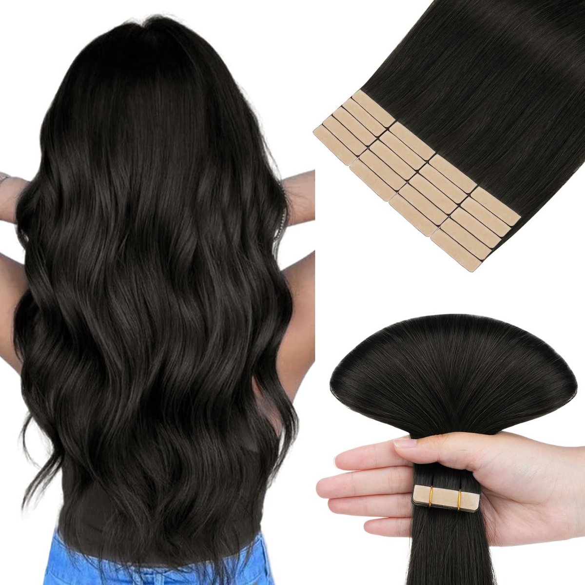 Tape-in Haarverlenging Echt Menselijk Haar Zwart Recht 35 cm 50g
