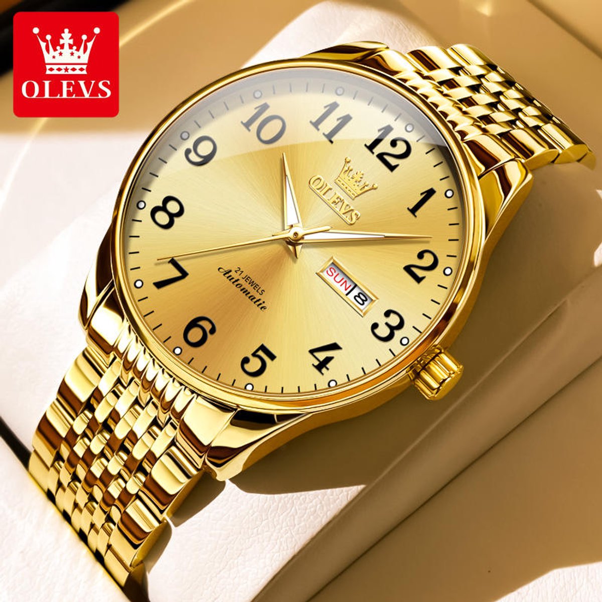 HO-6666.g : Olevs goudkleurig tourbillon-mechanisch edelstaal heren horloge, goudkleurige wijzers, zwarte grote cijfers, luminiscerend, dagnaam, kalenderdag