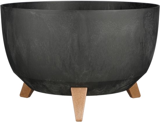 Zwarte, komvormige plantenbak op 3 beige poten.