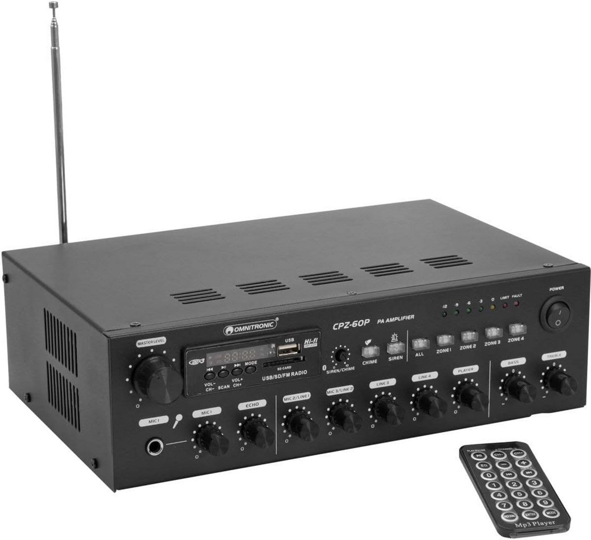 ELA Mengversterker 60W met 4 Zones, Bluetooth, MP3 en FM Radio