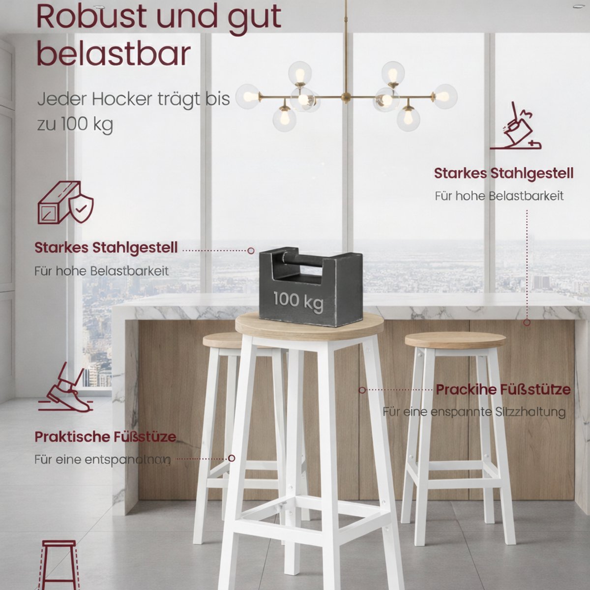 Barkrukken Set van 2 – House&Garden Industrieel Design – 65 cm Zithoogte – Metaal & Hout – Eikenbeige Wit – Met Voetensteun – Keuken, Eiland & Bartafel