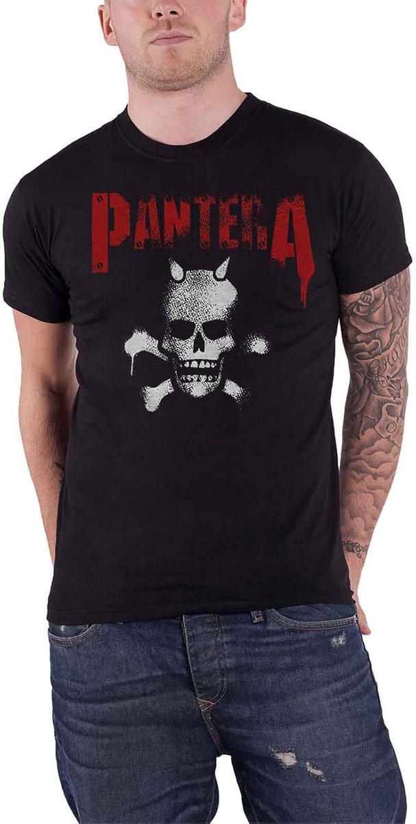 Band T-Shirt met Gehoornde Schedel Stencil Print voor Heren en Dames