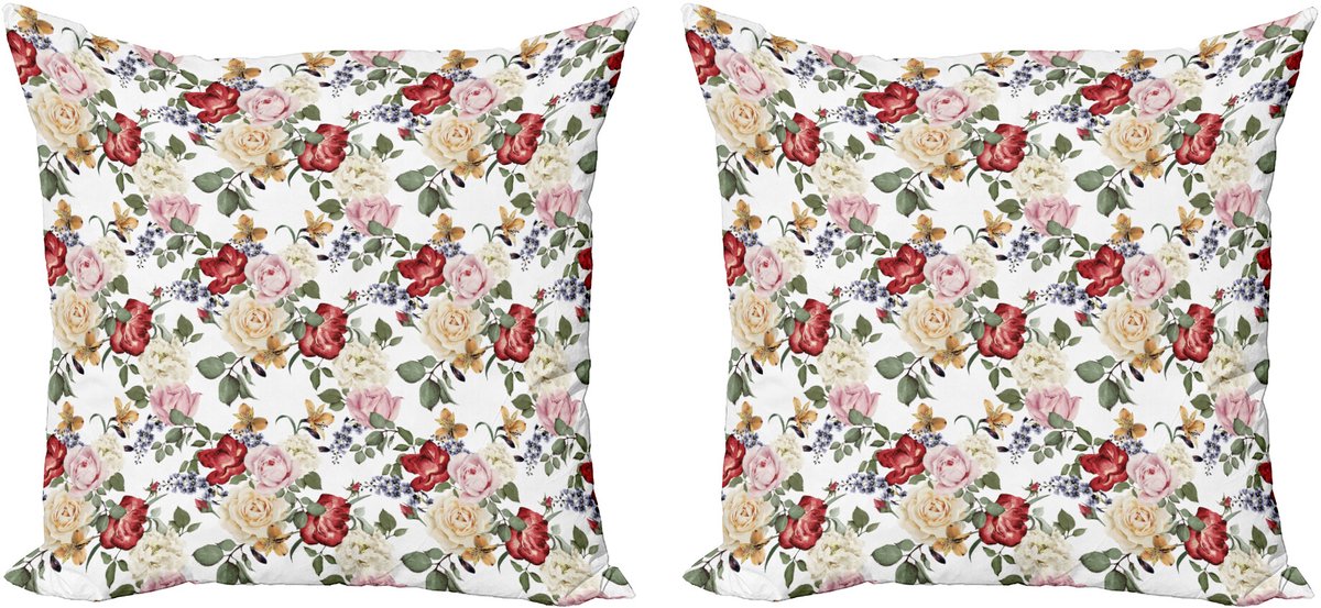 ABAKUHAUS Shabby Flora Kussenhoes Set (2 stuks), Lila Rozen, 50 cm, Lichtroze Crème