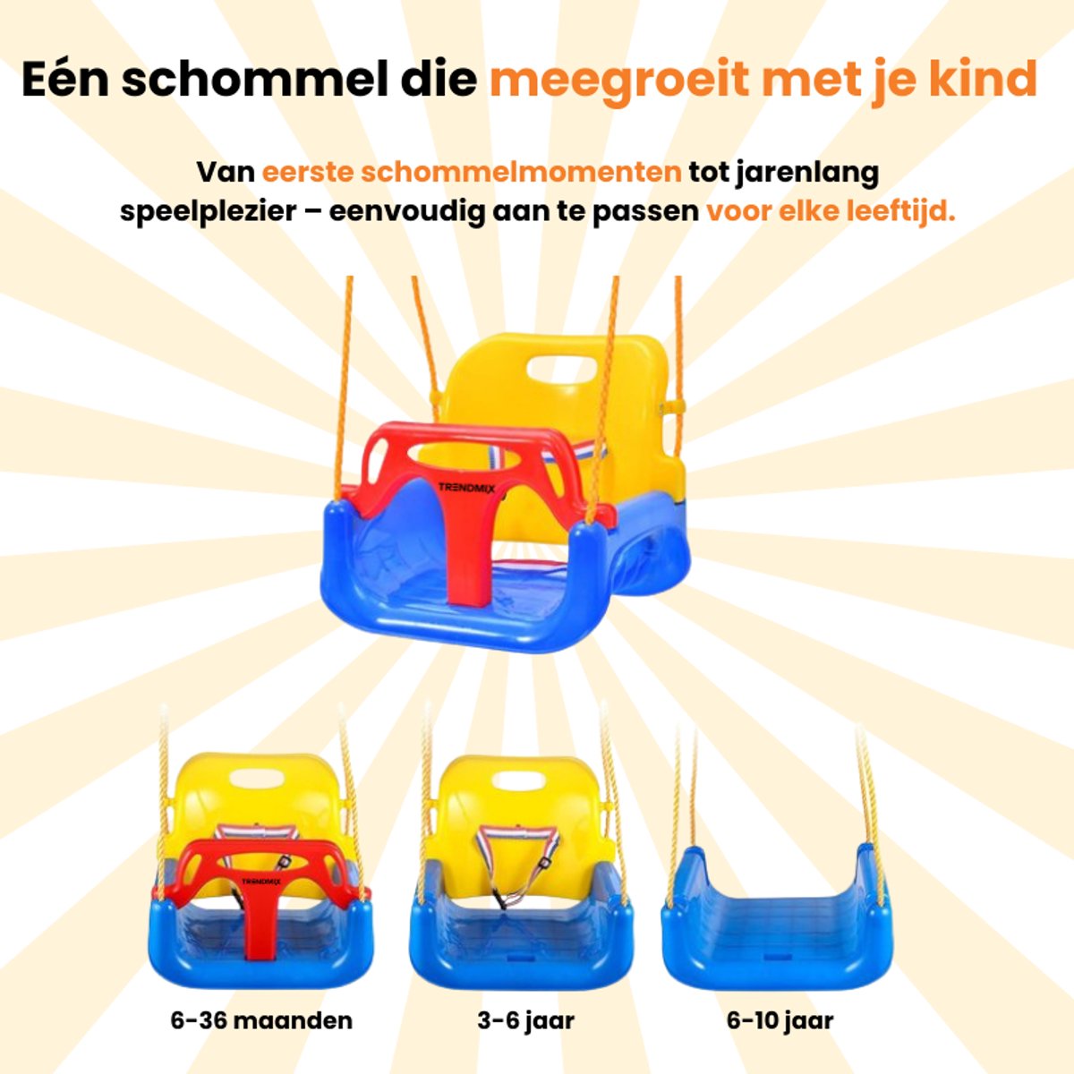 Trendmix Meegroei Schommel 3-in-1 Voor Baby, Peuter & Kleuter – Veilig Met Verstelbare Banden – Voor Binnen & Buiten Gebruik — afbeelding 3