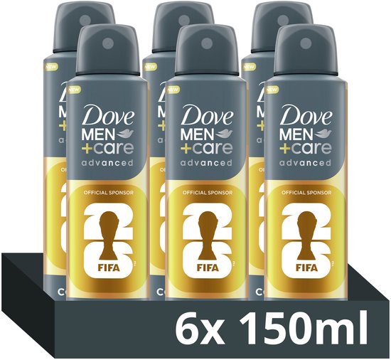 Doos met zes Dove Men+Care Advanced Active Comfort sprays, 6 x 150ml. Officieel sponsor van FIFA.