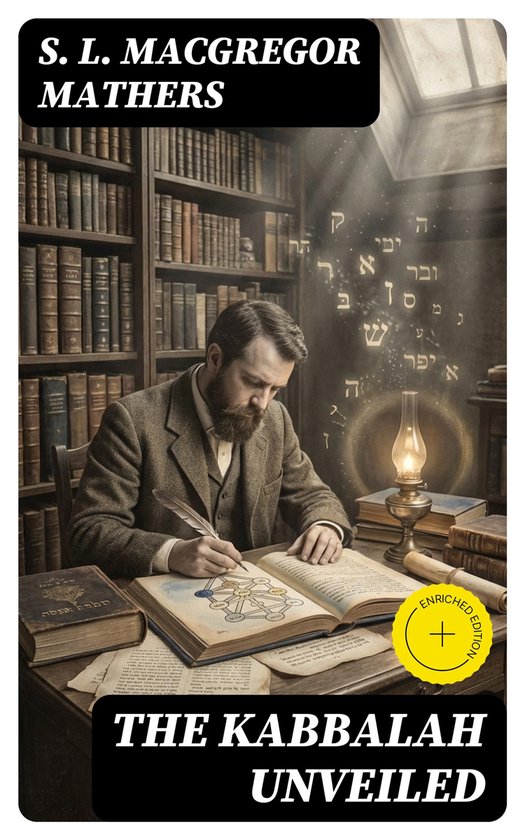 Boekhoes "The Kabbalah Unveiled" door S.L. Macgregor Mathers, met een man die aan een bureau in een bibliotheek zit. Verrijkte editie.