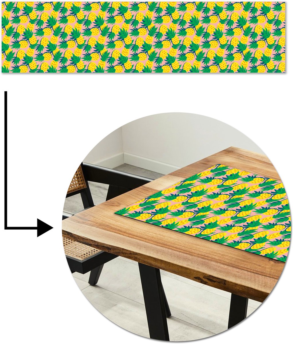 Tafelloper 200x50 cm - Tafelmat vinyl Ananas - Geel - Groen - Tropisch - Tafeldecoratie - Tafelversiering - Keuken decoratie - Tafel versiering