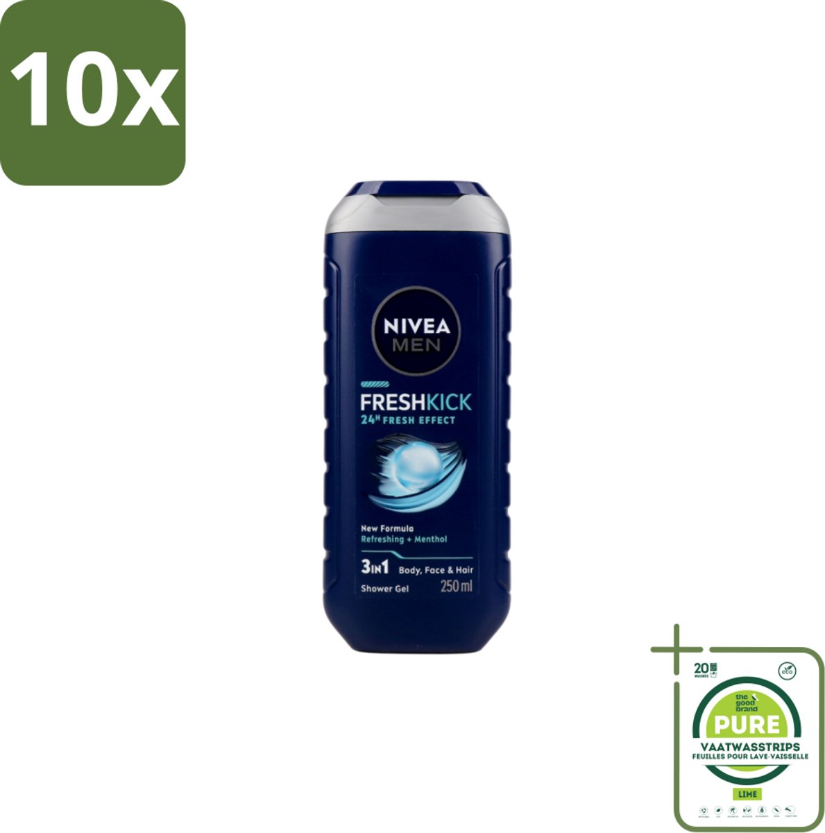10 x Nivea Men – Douchegel – Fresh Kick – 250 ml - Grootverpakking - Douchegel Mannen - Frisheid Onder De Douche - Munt Douchegel - Verkoelend Effect - 3 In 1 Douchegel