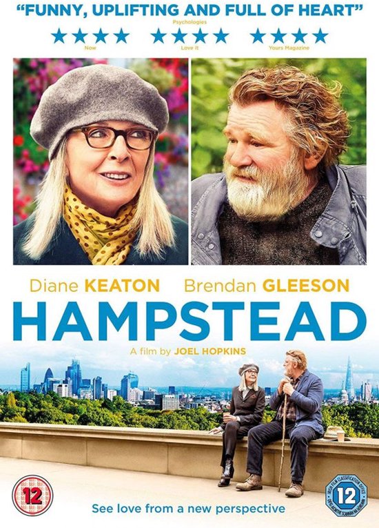 Filmcover van Hampstead met Diane Keaton en Brendan Gleeson. Bovenin staan recensies. De titel is groot in blauw en geel. Op de achtergrond de skyline van Londen.