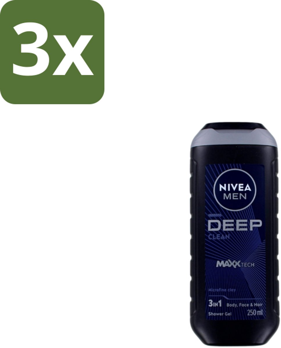 NIVEA Men Douchegel Deep Clean 250 ml - Bulkverpakking - 3 stuks