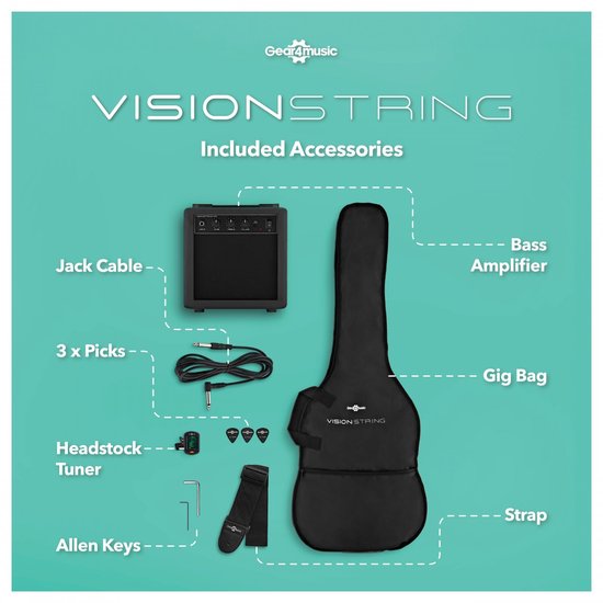 VISIONSTRING basgitaar pakket met versterker, gig bag, jack kabel, 3 plectrums, stemapparaat, strap en inbussleutels.