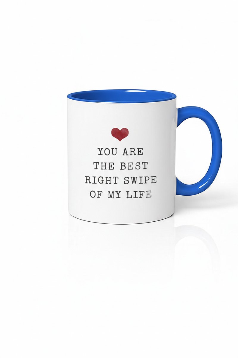 Romantische 'Right Swipe' Mok - Cadeau Liefde Dating App - Blauw Wit Keramiek