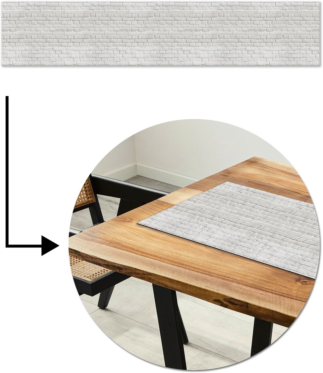 Tafelloper 200x40 cm - Tafelmat vinyl Muur - Natuursteen - Wit - Patroon - Tafeldecoratie - Tafelversiering - Keuken decoratie - Tafel versiering