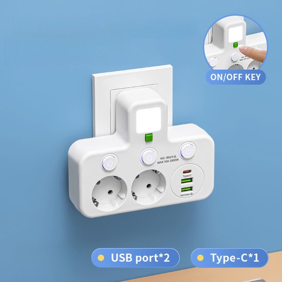Witte stekkerdoos met 2 Europese stopcontacten, 1 Type-C en 2 USB-poorten, met nachtlampje en aan/uit-knop.