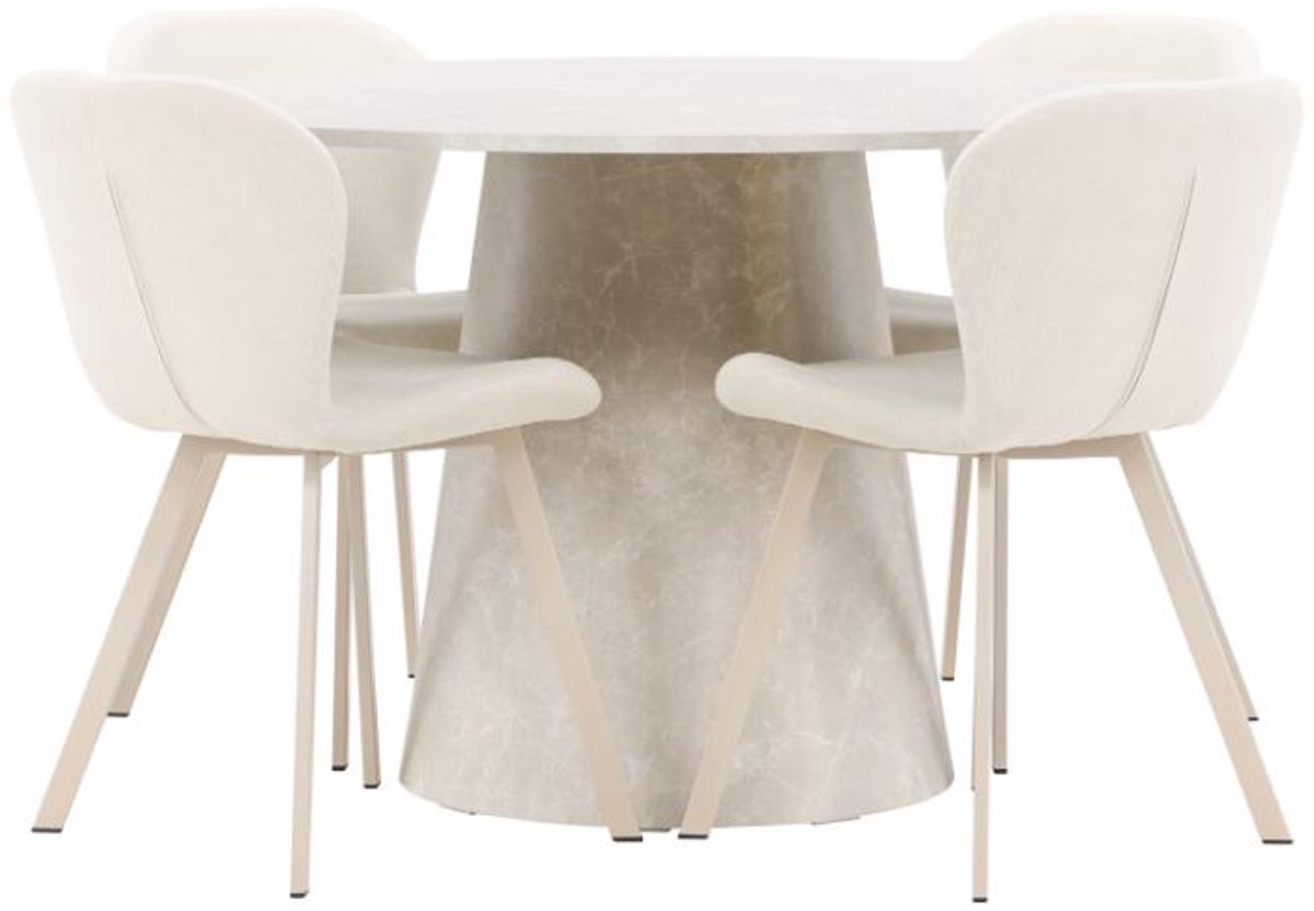 Lanzo eethoek tafel Ø120cm en 4 stoelen beige.