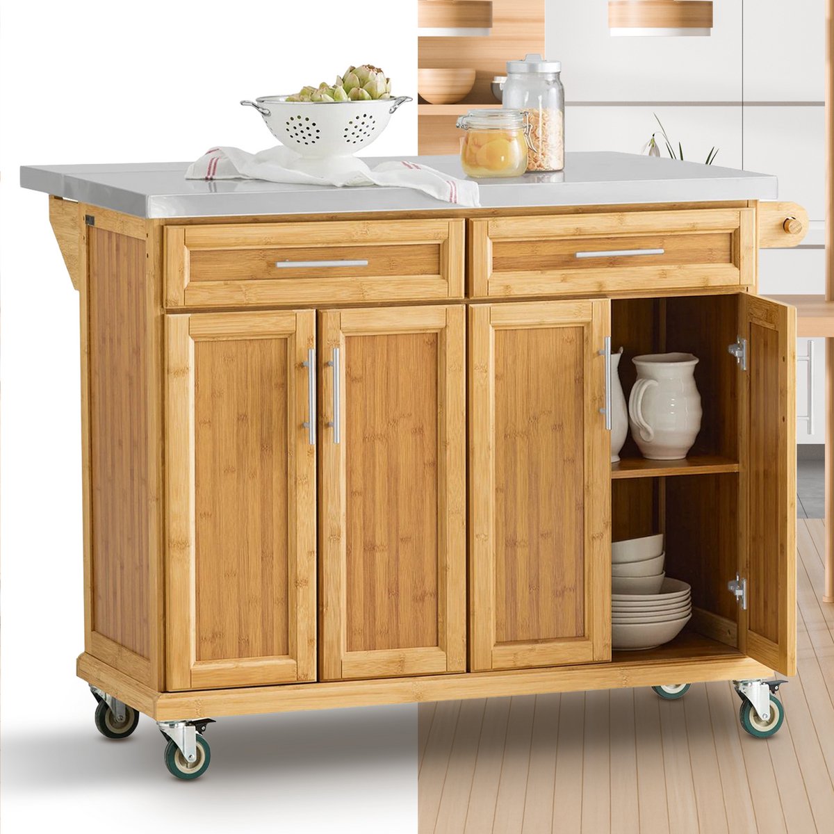 Keukeneiland - Verplaatsbaar - Keukenkast - Dressoir - Organizer - Kasten - Houten Werkblad - 4 Deuren - Bruin