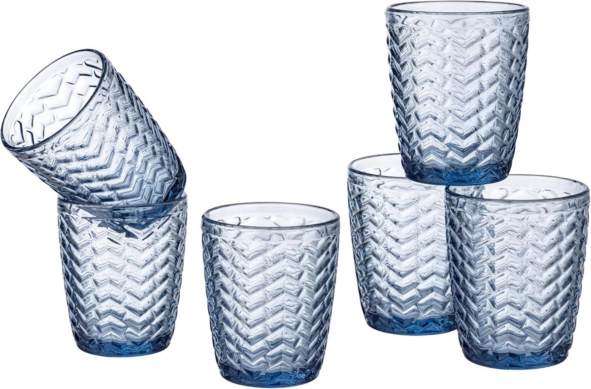 Set van 6 Gekleurde Drinkglazen met Reliëf Golfpatroon - Stijlvolle Waterglazen 30cl
