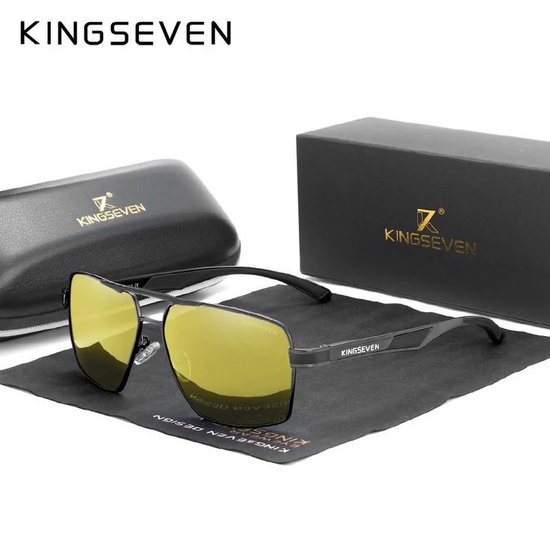 KINGSEVEN Unisex Zonnebril - Rechthoek model - Zwart Frame met Gele Lenzen & Luxe Verpakking