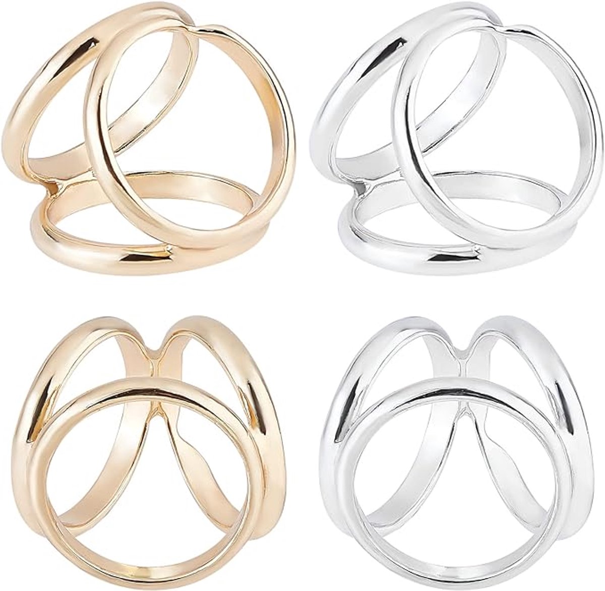 Tweekleurige, vierdelige set van drieringige sjaalclips, kleding- en sieradenaccessoires, geschikt voor trouwjurken, T-shirts, sjaals, omslagdoeken en andere modieuze versieringen.