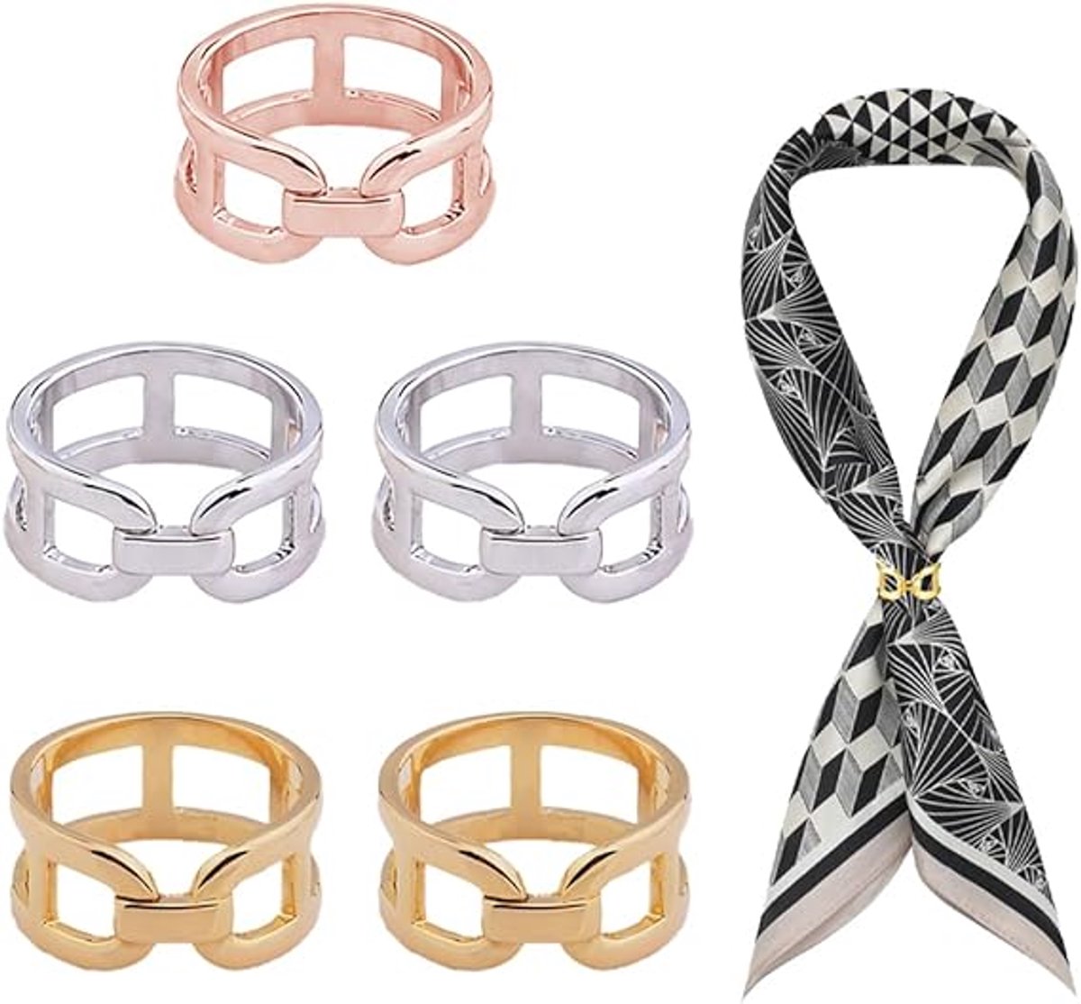 Set van 5 sjaalringen met metalen gespen. Accessoires in vintage-stijl voor dames, geschikt voor jurken, sjaals, recepties en cocktailparty's (3 kleuren).