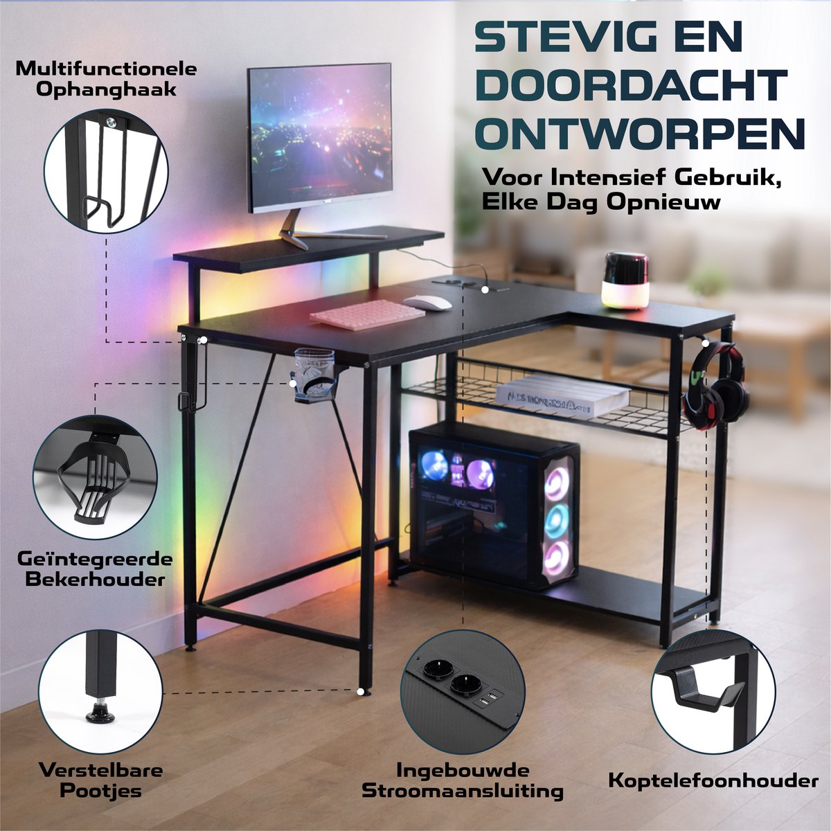 ADSafety L-Vormig Hoekbureau - 107x80x76 cm - Game Bureau met LED verlichting - Zwart Carbon - Gaming Bureau - Bureautafel - Computertafel thumbnail 3