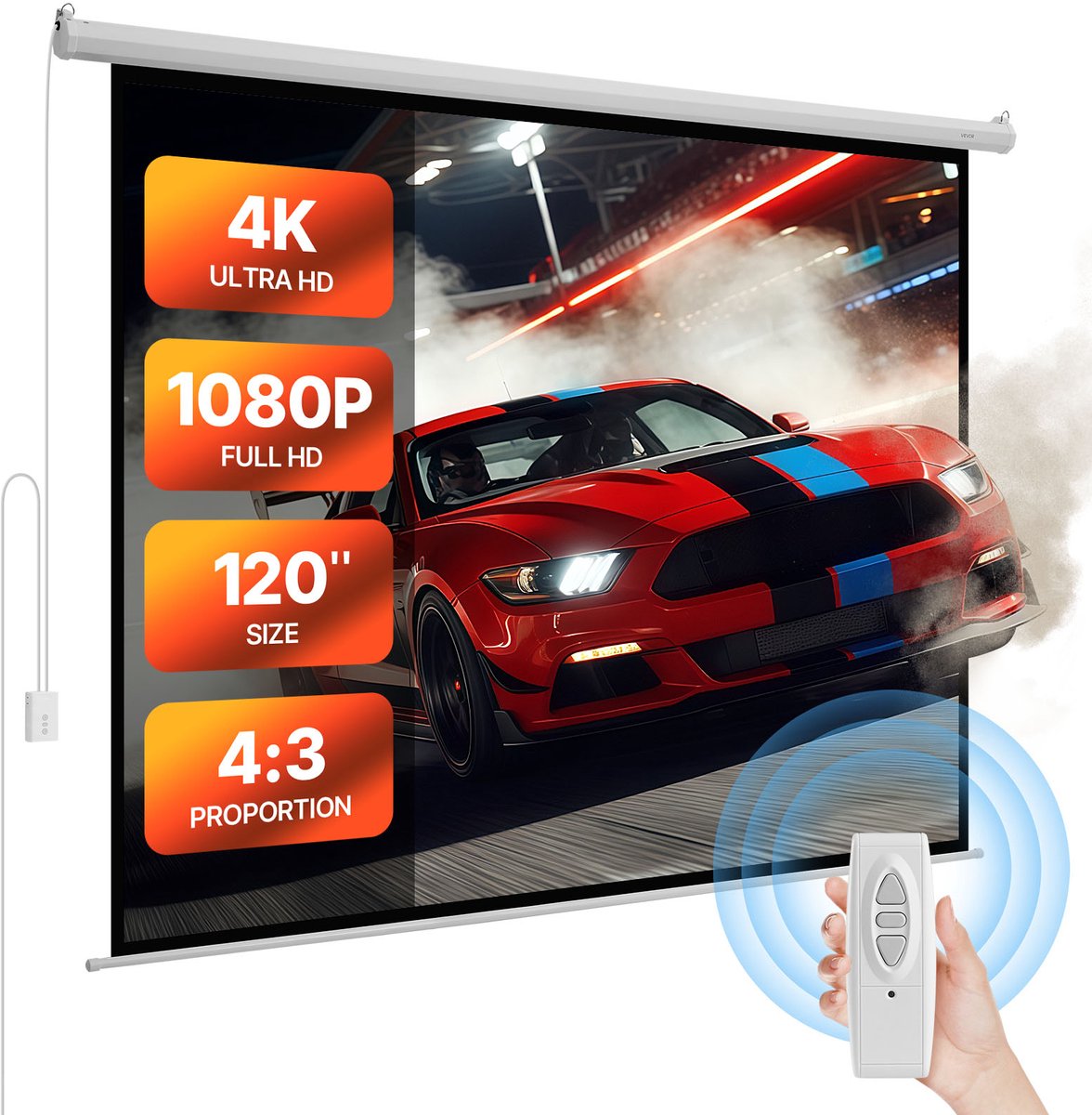 VEVOR Gemotoriseerd Projectiescherm, 120 Inch 4:3 4k 1080 Hd, Projectieschermprojector met Afstandsbediening, Automatisch Filmscherm, Draagbaar Oprolbaar Scherm voor Thuisbioscoop en Thuiskantoor