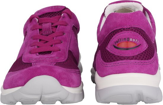Voor- en achterkant van paarse Gabor rollingsoft sneakers met veters, mesh en suède.