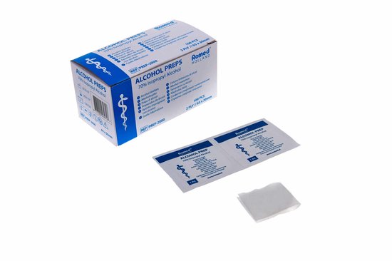 Doos met Romeds alcoholpreparaten: 70% isopropylalcohol, 100 stuks per verpakking.