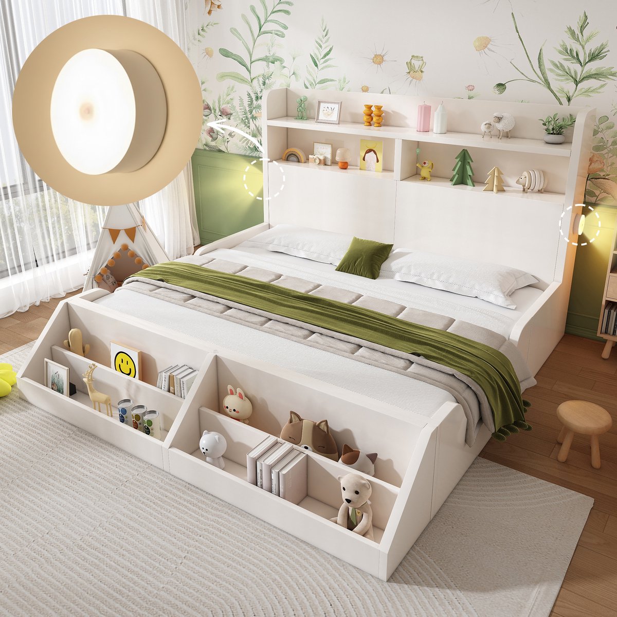 MODFU Bedframe 140x200 cm – Wit hout – Met 2 nachtlampjes & afneembaar boekenrek – 2 opbergvakken – 150 kg