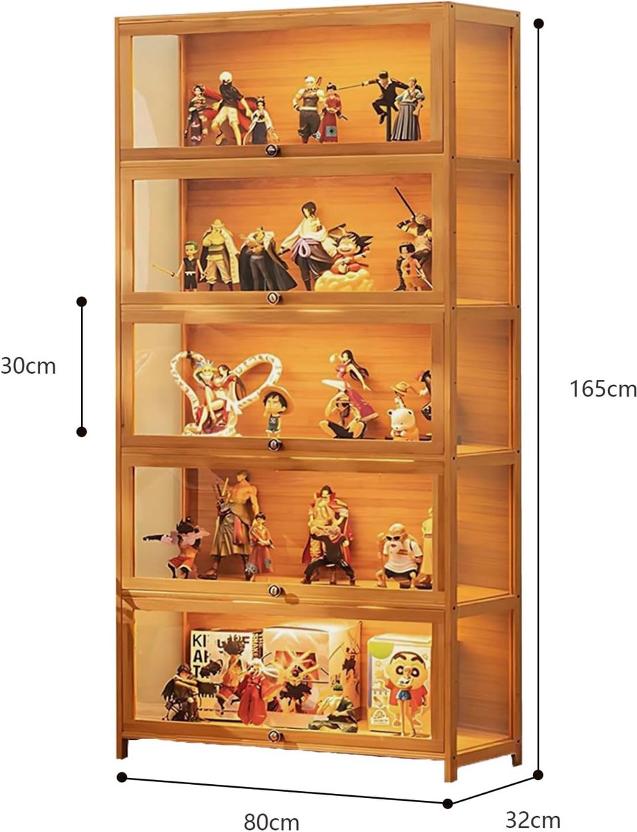 Vitrinekast Casa Velluto 5-planken Staande Displaykast – Modern Bamboe Boekenkast met Acryldeuren – Stofdicht Vitrine voor Woonkamer, Thuiskantoor, Speelkamer en Verzamelobjecten – Bruine Salto