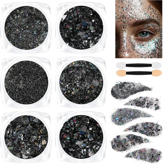 6 stuks - Chunky Glitters - Body Glitter - Chunky Festival Glitters - Biologisch afbreekbare - Face Glitter - Body Glitter Gel - Festival Haar Glitter Gel - Feest - Kinderen Volwassenen Dames Makeup Schmink - Voor gezicht, lichaam en haar - Zwart