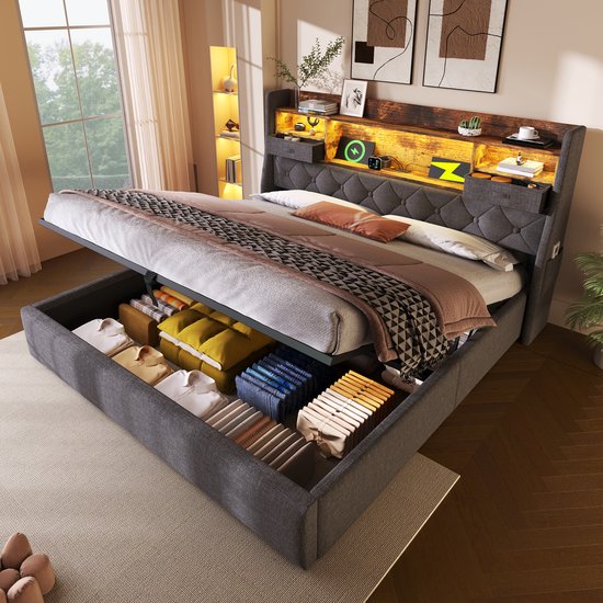 REDOM Opbergbed 140x200 cm – Linnen – Hydraulisch – LED & USB/Type-C – Incl. matras – Grijs – 181 kg