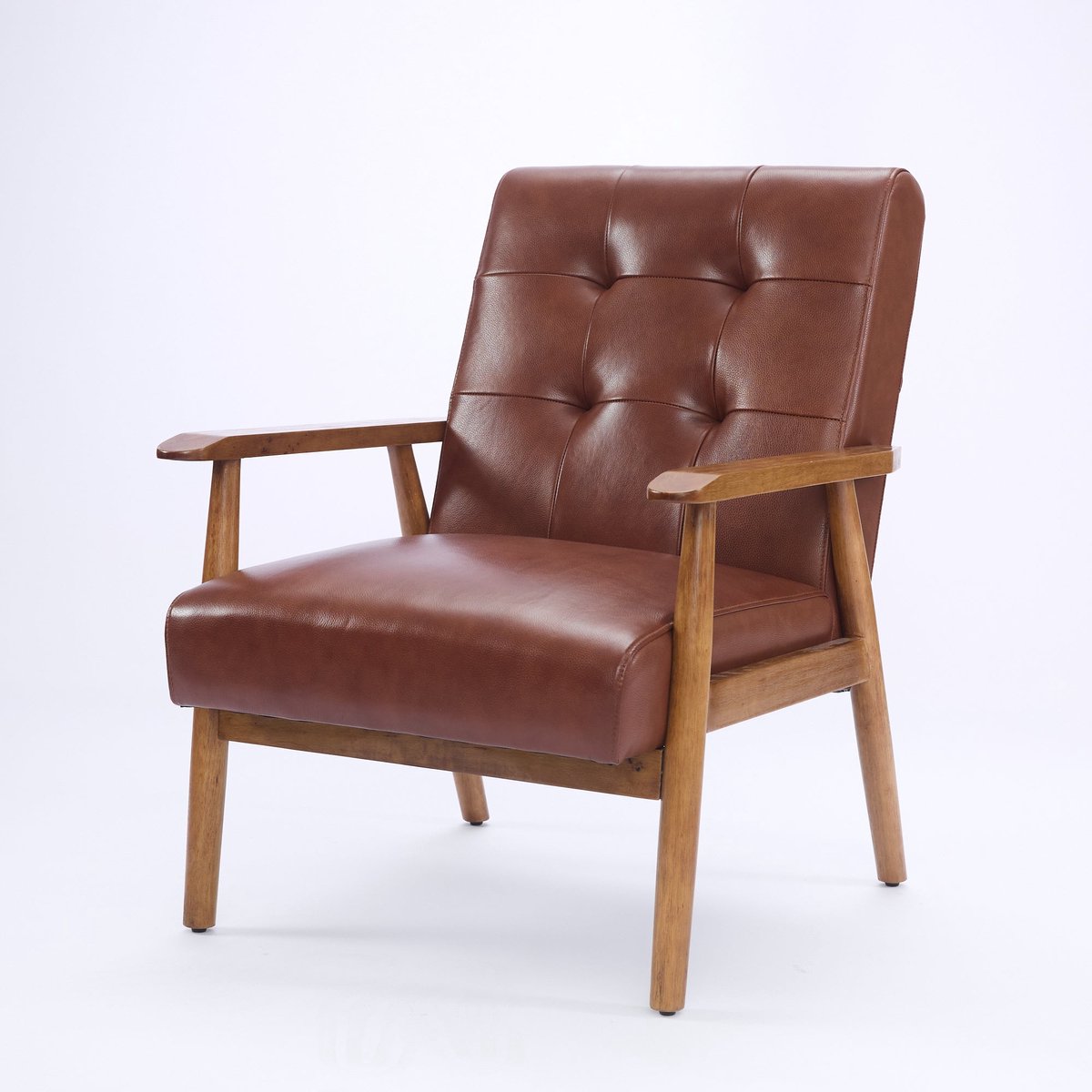 Merax Leren Fauteuil Met Houten Armleuningen - Loungestoel Voor Woonkamer En Kantoor - Rub