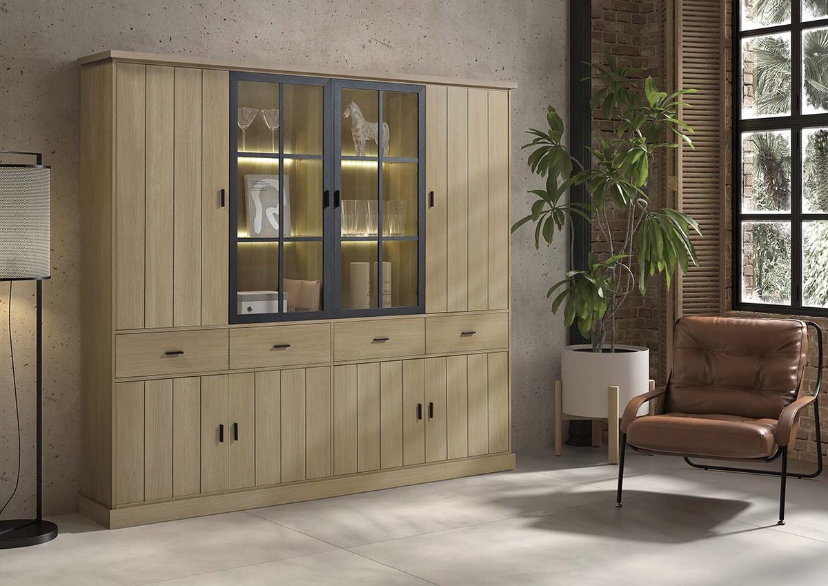 Belfurn - Karoline eik - grote woonwand 4 deuren 233 cm met Led verlichting