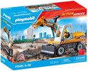 Playmobil doos met gele graafmachine, "Action Heroes" logo, met stenen en verkeersbord.