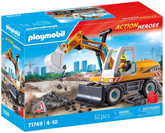 Playmobil doos met gele graafmachine, "Action Heroes" logo, met stenen en verkeersbord.