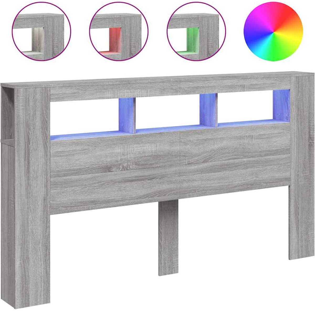vidaXL - Hoofdeinde - met - LED - 180x18,5x103,5 - cm - bewerkt - hout - grijs - sonoma