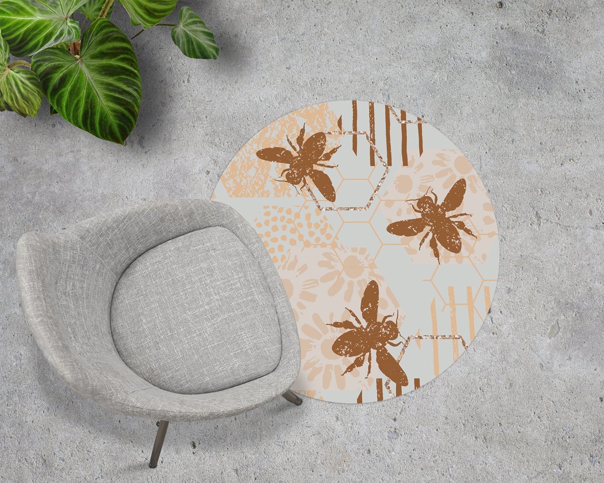 Coloray Vloerbeschermer - Bijen Bloemen Honing Stoel Mat - 100x100 cm - Beige Computer Stoel Mat - Vloerbeschermer Bureaustoelmat - PVC Vloerbeschermer - Ronde Mat - Dieren Thema