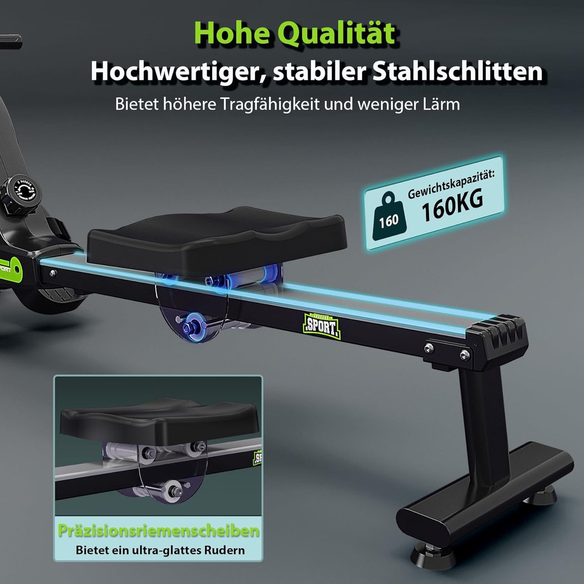 Stille Magnetische Roeimachine – Roeimachine Voor Thuis Met Dubbele Schuifrail, lcd-scherm, 16 Weerstandsniveaus, 160 kg Draagvermogen, App-compatibel En Ultrastil.