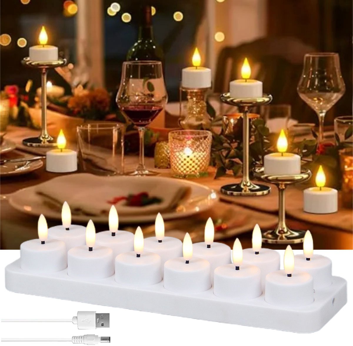12 oplaadbare led-theelichtjes met laadstation - elektrische kaarsen voor kerstdecoratie tafeldecoratie - voor thuis kamer tafel Halloween kerstversiering(Geen afstandsbediening)
