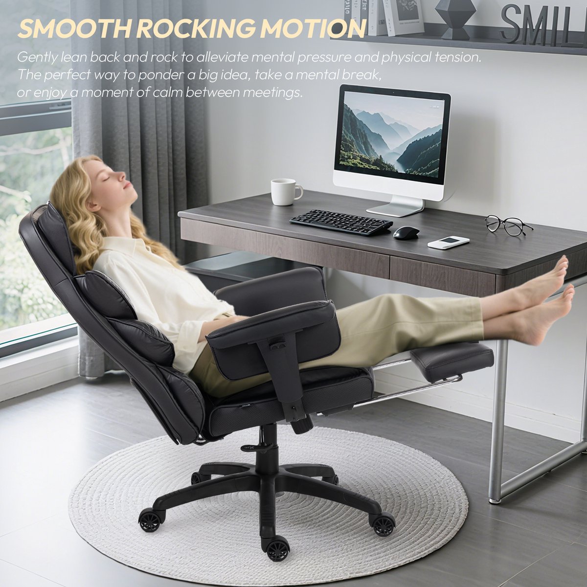 Dowinx Ergonomische Bureaustoel / Gamingstoel – Pocketveren Zitkussen – Dubbel gevoerde Rugleuning & Verstelbaar Lendenkussen – Met Armleuningen en Voetensteun – PU-leer – Zwart – foto 3