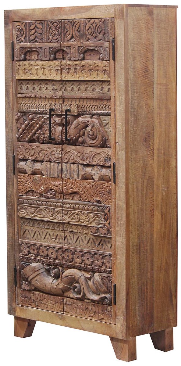 Kast – massief mangohout – garderobekast – handgesneden ornamenten – 2 deuren – bruin