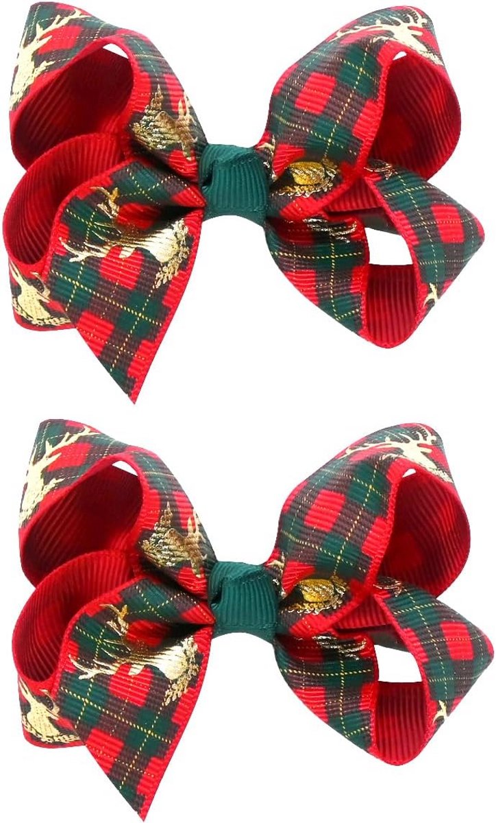 2x Kerst Haarstrikken Meisjes - Plaid & Eland Motief - Luxe Haarspeldjes Kerstaccessoires