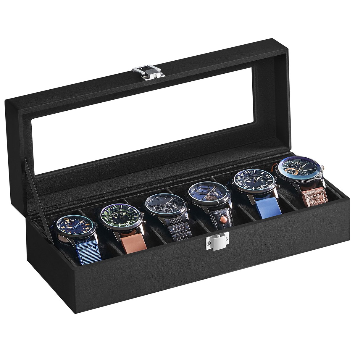 SONGMICS JWB06B01 - Horlogebox met 6 Vakken - Glazen Deksel - Verwijderbare Kussens - Metalen Sluiting