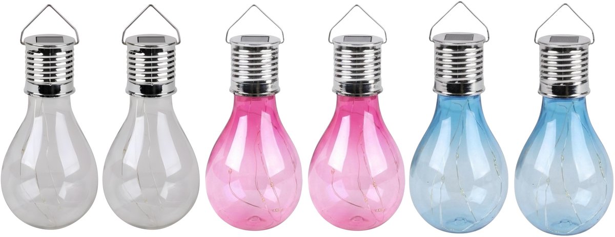 Solar sfeer tuin hanglampje - 6x stuks - wit / roze / blauw - 15 cm - kunststof - sfeerver